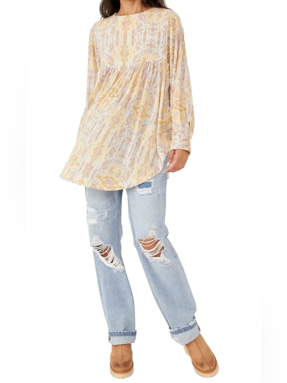 Free People Pale Yellow and Blue Paisley Tunic Blouse - Size S